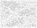 Medieval city, fantasy area map sketch kit. Mountain river and village. Map for board game. Hand drawn vector black line Royalty Free Stock Photo