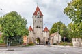 Medieval city gate with clock tower in Regensburg