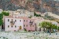 Medieval City of Monemvasia with Amphitheatrical Architecture. Old Castle Town with Multicolored Houses Built on a Huge Rock