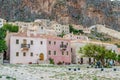 Medieval City of Monemvasia with Amphitheatrical Architecture. Old Castle Town with Multicolored Houses Built on a Huge Rock Royalty Free Stock Photo