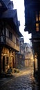 Medieval city street, alley. transparent background PNG. Dark medieval city at night with lights dimly lighting the streets. Royalty Free Stock Photo