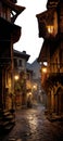 Medieval city street, alley. transparent background PNG. Fantasy medieval kingdom town.