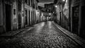 Medieval city street illuminated by old fashioned lanterns at dusk generated by AI