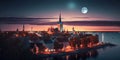 medieval city street panorama at pink orange evening sunset at sea big fool moon