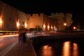 Medieval city walls in Rhodes town (night), Greece Royalty Free Stock Photo