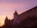 Medieval City Walls with Wall Towers in Murten in Switzerland at sunset.