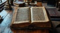 Medieval codex created with Generative AI. Old book with opened pages. Old text.