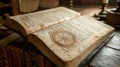 Medieval codex created with Generative AI. Old book with opened pages. Old text.