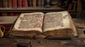 Medieval codex created with Generative AI. Old book with opened pages. Old text.