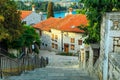 Medieval Croatian old street,with flowered building in Rovinj,Europe Royalty Free Stock Photo