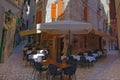 Medieval Croatian old street,with street cafe in Rovinj Royalty Free Stock Photo