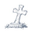 Medieval crooked stone cross over grave. Sketch of old cracked gothic tomb decoration on Christian cemetery. Religious