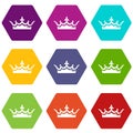 Medieval crown icons set 9 vector