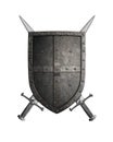 Medieval crusader knight shield and two swords