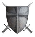 Medieval crusader shield and two crossed swords isolated 3d illustration Royalty Free Stock Photo