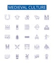 Medieval culture line icons signs set. Design collection of Knights, Chivalry, Feudalism, Monarchy, Heraldry, Castles