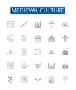 Medieval culture line icons signs set. Design collection of Knights, Chivalry, Feudalism, Monarchy, Heraldry, Castles