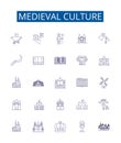 Medieval culture line icons signs set. Design collection of Knights, Chivalry, Feudalism, Monarchy, Heraldry, Castles Royalty Free Stock Photo