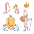 Medieval cute cartoon princess icon set. Princess girl warrior, helmet, crown, bougham and bow with arrows. Cute gold