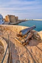 Medieval Defense Cannon and Turret In Front Of Castle Carlo V in beautiful Monopoli - Apulia - Puglia - Italy