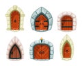 Medieval doors. wooden and rocks entrance gate and doors for castle fortress cartoon exit vector symbols