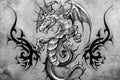 Medieval dragon Tattoo design over grey background. textured backdrop. Artistic image