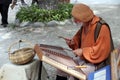Medieval dressed musician performs on a string percussion instrument