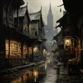 Medieval English City At Night: A Fantastical Streetscape Inspired By Alfred Kubin