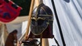 Medieval equipment, helmet, metal glove, armor. Medieval spectacle in times gone by