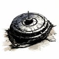 Medieval Era Landmine: Graphic Ink Wash Painting Of Chained Metal Device