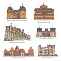 Medieval european castles and fortin in line,color