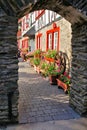 Medieval European street through old archway, Rhine region, Germany