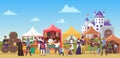 Medieval fair vector illustration, cartoon flat middle ages or fairy tale fair market with lady and sir characters Royalty Free Stock Photo