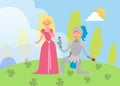 Medieval fairy love tale knight and princess vector cartoon characters illustration. Fantasy knight on knee with flower Royalty Free Stock Photo