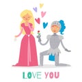 Medieval fairy love tale knight and princess vector cartoon characters illustration. Fantasy knight on knee with flower