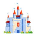 Medieval fairy-tale castle with red towers and blue flags. Cartoon vector illustration isolated on white background. Royalty Free Stock Photo
