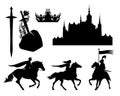 Medieval fairy tale characters and setting vector silhouuete outline set