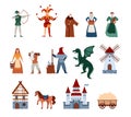 Medieval fairy tale personages collection, flat vector illustration isolated. Royalty Free Stock Photo