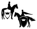 King ridinghorse with heraldic crown shield black vector outline Royalty Free Stock Photo