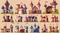 The medieval fairytale castle - cartoon fairy royal buildings with windows and doors, stone walls and flags on towers