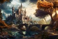 A medieval fantasy castle in an enchanted forest with mystical, dreamy landscape Royalty Free Stock Photo