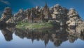 Medieval fantasy castle in a rocky landscape on the edge of a lake. 3D rendering Royalty Free Stock Photo