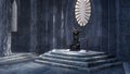 Medieval fantasy castle throne room with grey stone walls and oval window. 3D rendering