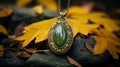 Medieval Fantasy Green Pendant Necklace With Autumn-inspired Locket Design