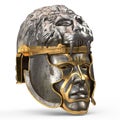 Medieval fantasy helmet closed with iron mask, and lion on top, on white isolated background. 3d illustration