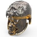 Medieval fantasy helmet closed with iron mask, and lion on top, on white isolated background. 3d illustration Royalty Free Stock Photo