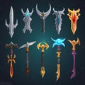 Medieval fantasy magic blades, swords, axes, daggers and sabres. Icons game asset. Vector magical swords and knives with gemstones