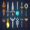 Medieval fantasy magic blades, swords, axes, daggers and sabres. Icons game asset. Vector magical swords and knives with gemstones