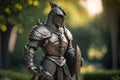medieval fantasy metal statue in form of walking knight