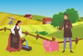 Medieval farmer family or couple people work in village, peasants grazing feeding pig